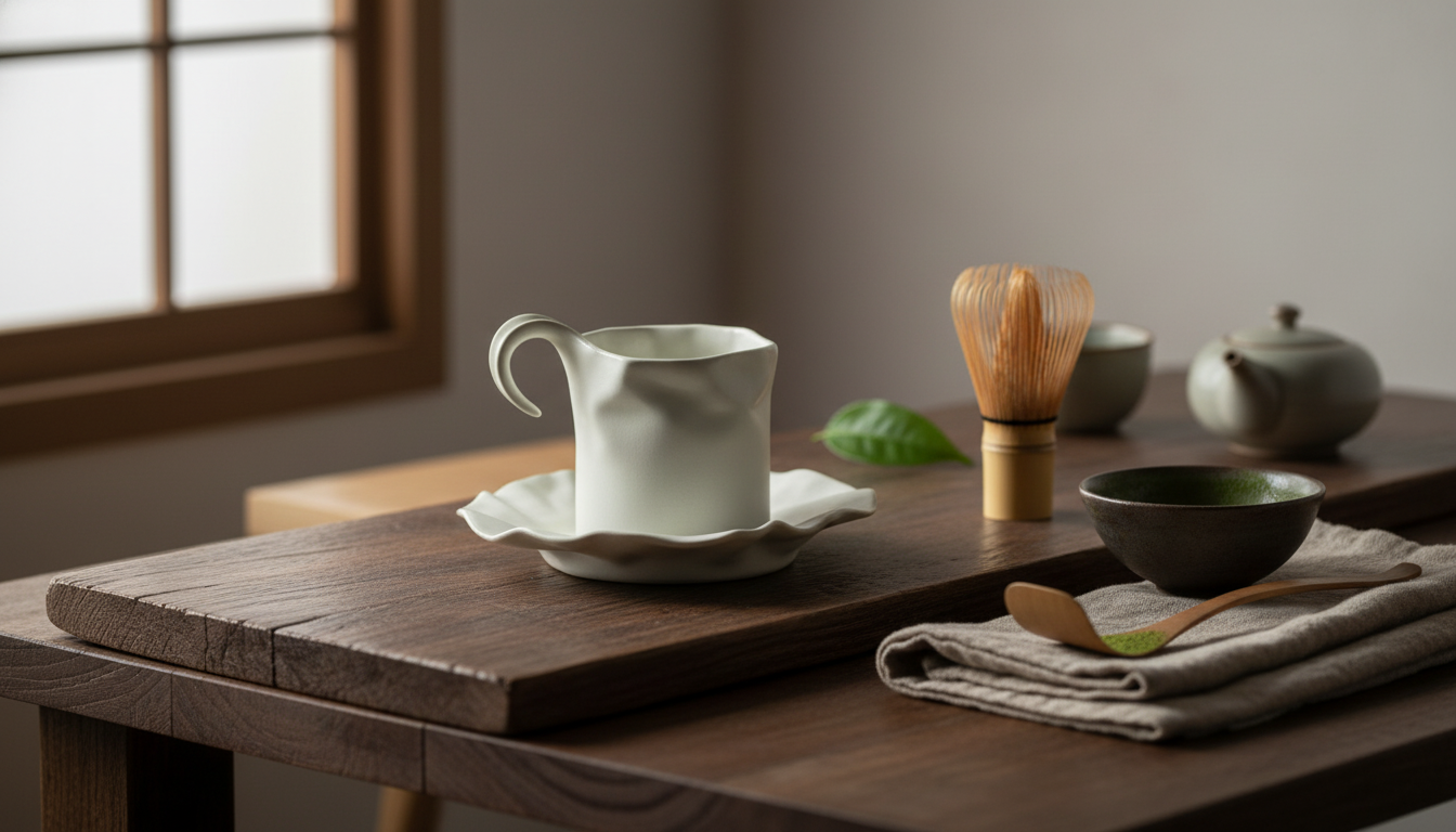 Pleated Ceramic Cup & Saucer for Quiet Japanese Tea Style